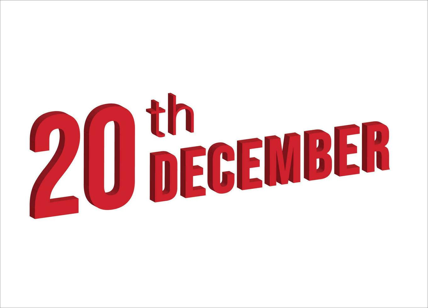 20e december , dagelijks kalender tijd en datum schema symbool. modern ontwerp, 3d weergave. wit achtergrond. vector