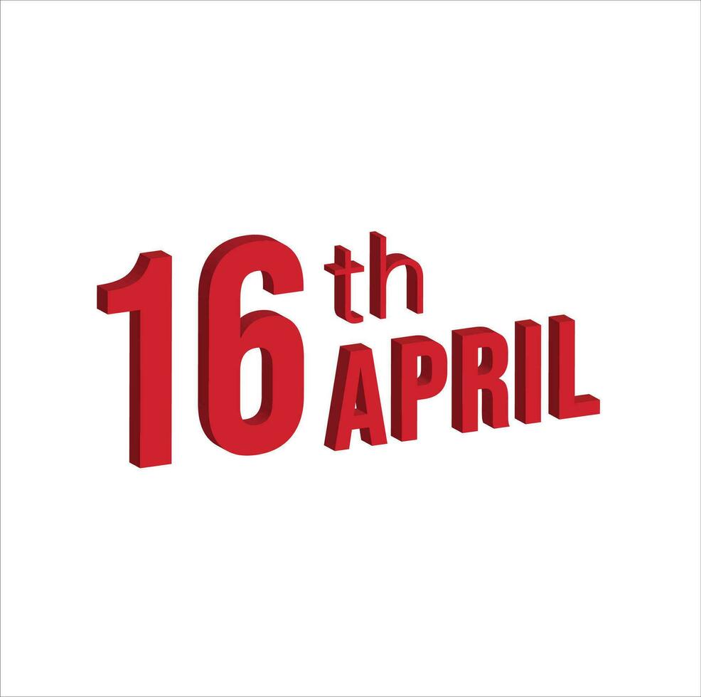 16e april , dagelijks kalender tijd en datum schema symbool. modern ontwerp, 3d weergave. wit achtergrond. vector