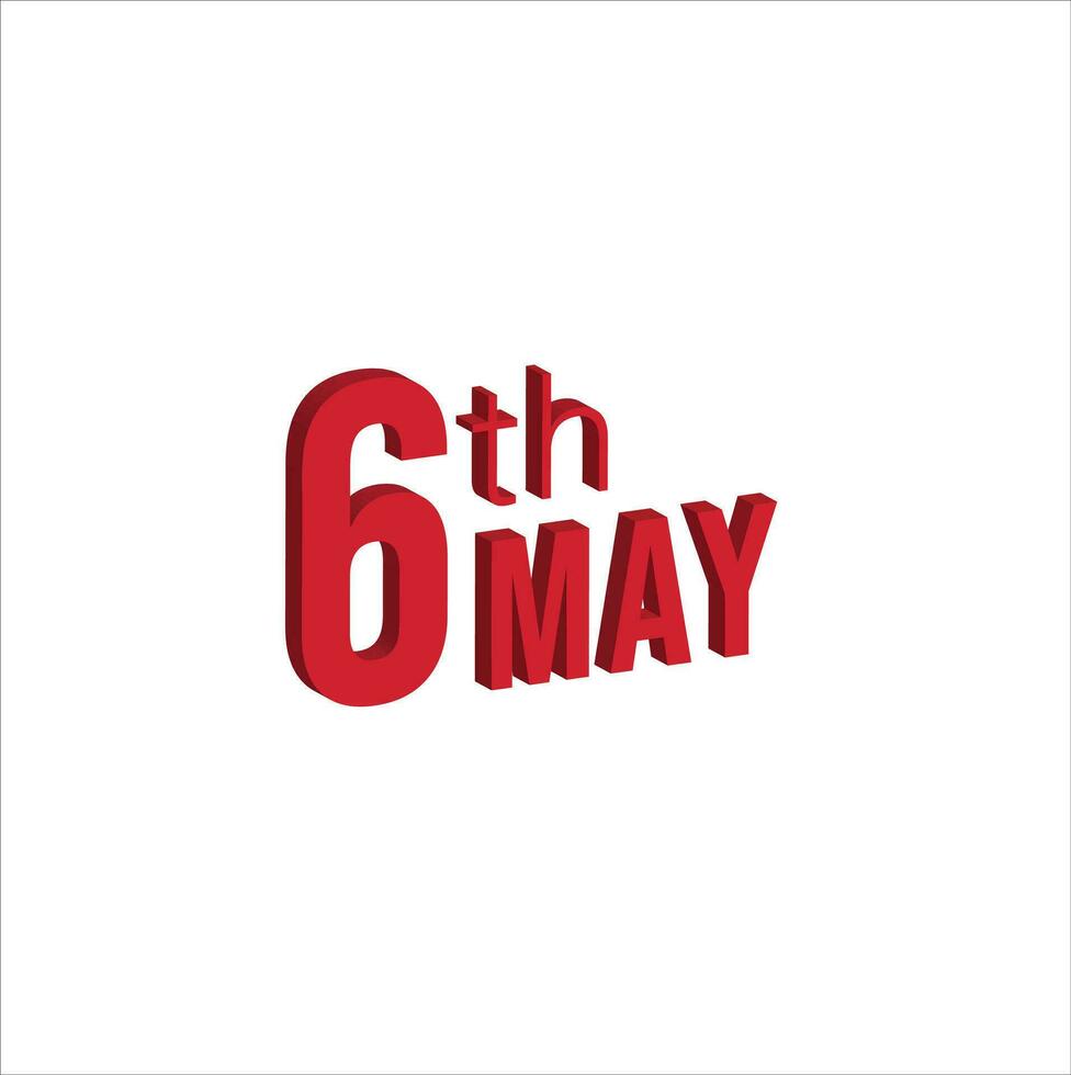 6e mei , dagelijks kalender tijd en datum schema symbool. modern ontwerp, 3d weergave. wit achtergrond. vector