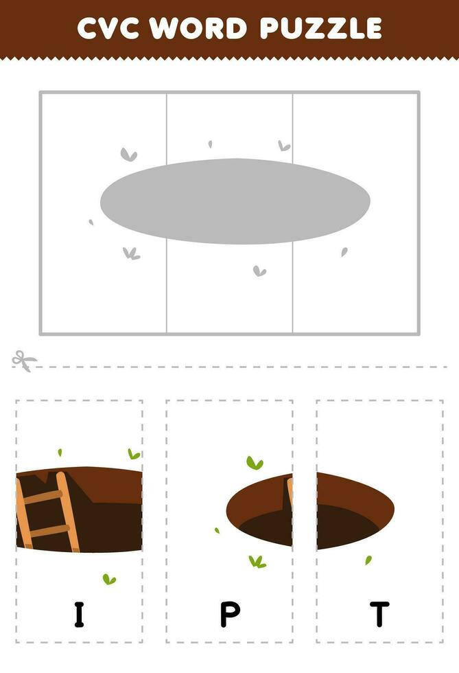 onderwijs spel voor kinderen naar leren cvc woord door compleet de puzzel van schattig tekenfilm pit gat afbeelding afdrukbare werkblad vector