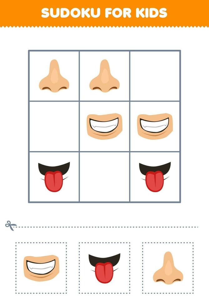 onderwijs spel voor kinderen gemakkelijk sudoku voor kinderen met schattig tekenfilm mond tong en neus- afdrukbare anatomie en orgaan werkblad vector