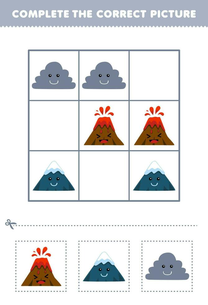 onderwijs spel voor kinderen compleet de correct afbeelding van een schattig tekenfilm vulkaan berg en wolk afdrukbare natuur werkblad vector