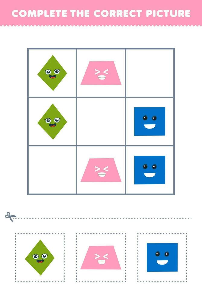 onderwijs spel voor kinderen compleet de correct afbeelding van een schattig tekenfilm ruit trapezium en plein afdrukbare vorm werkblad vector