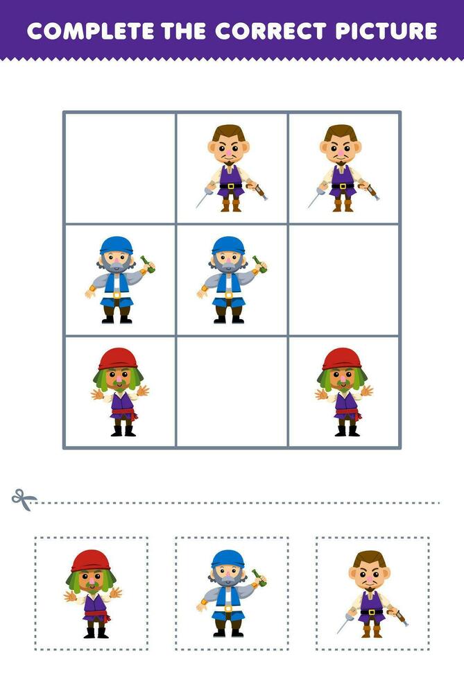 onderwijs spel voor kinderen compleet de correct afbeelding van een schattig tekenfilm piraat bemanning afdrukbare piraat werkblad vector