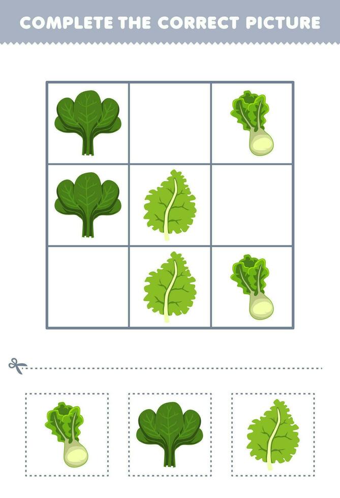 onderwijs spel voor kinderen compleet de correct afbeelding van een schattig tekenfilm sla spinazie en boerenkool afdrukbare groente werkblad vector