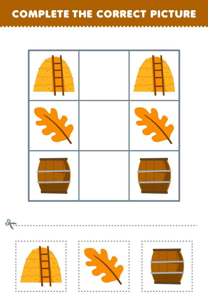 onderwijs spel voor kinderen compleet de correct afbeelding van een schattig tekenfilm hooiberg blad en vat afdrukbare boerderij werkblad vector