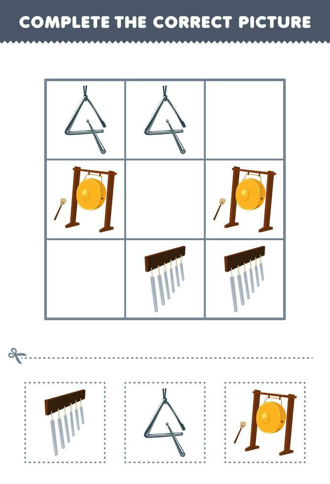 onderwijs spel voor kinderen compleet de correct afbeelding van een schattig tekenfilm klokkenspel driehoek en gong afdrukbare muziek- instrument werkblad vector