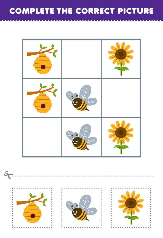 onderwijs spel voor kinderen compleet de correct afbeelding van een schattig tekenfilm bij zonnebloem en bij bijenkorf afdrukbare boerderij werkblad vector