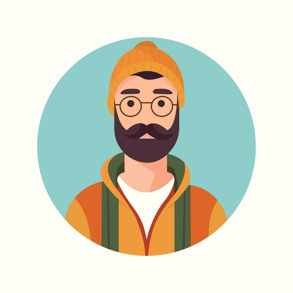 gebruiker profiel avatar van persoon met baard, snor, vervelend gebreid hoed Aan hoofd. Mens gezicht portret in cirkel. vector illustratie