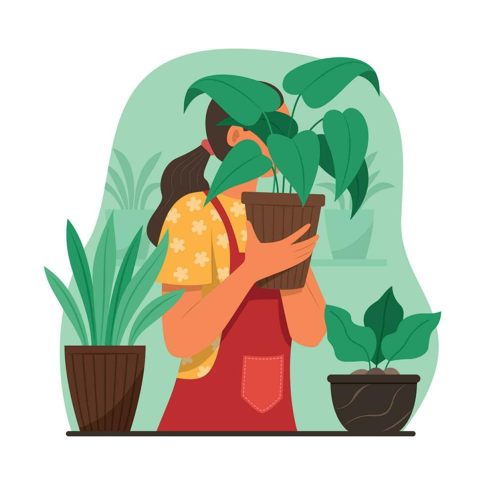 vrouw Holding fabriek pot en genieten tuinieren werkzaamheid met planten in tuin vector