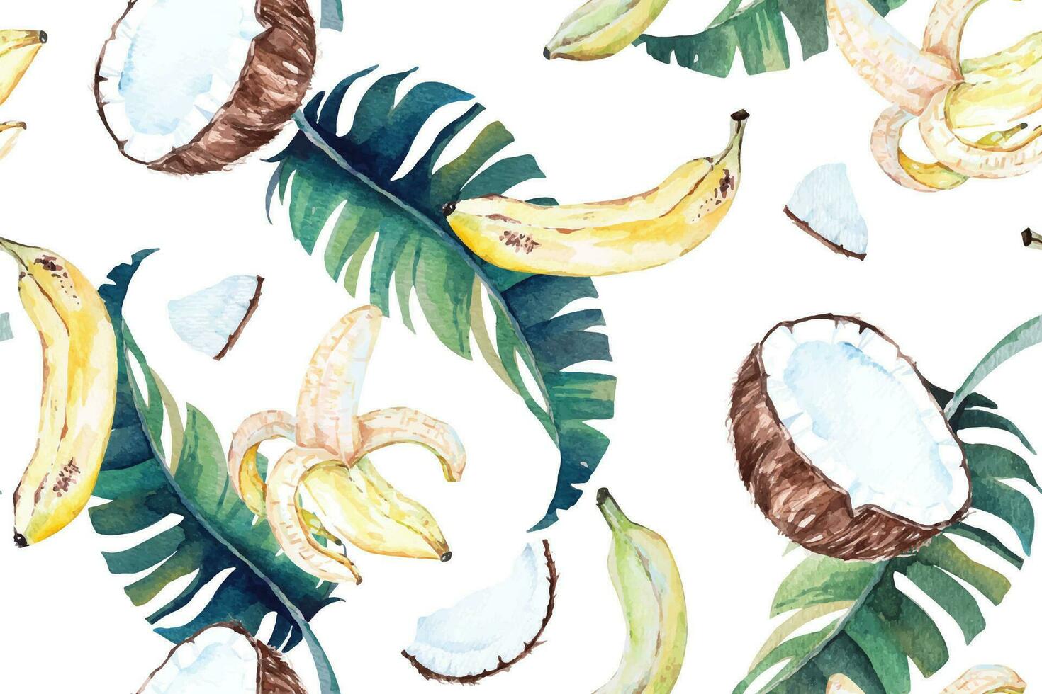 naadloos patroon van kokosnoot en bananen bladeren en tropisch fruit fabriek geschilderd in aquarel.voor kleding stof en behang ontwerpen van de bos.natuurlijk aloha wijnoogst patroon achtergrond. vector