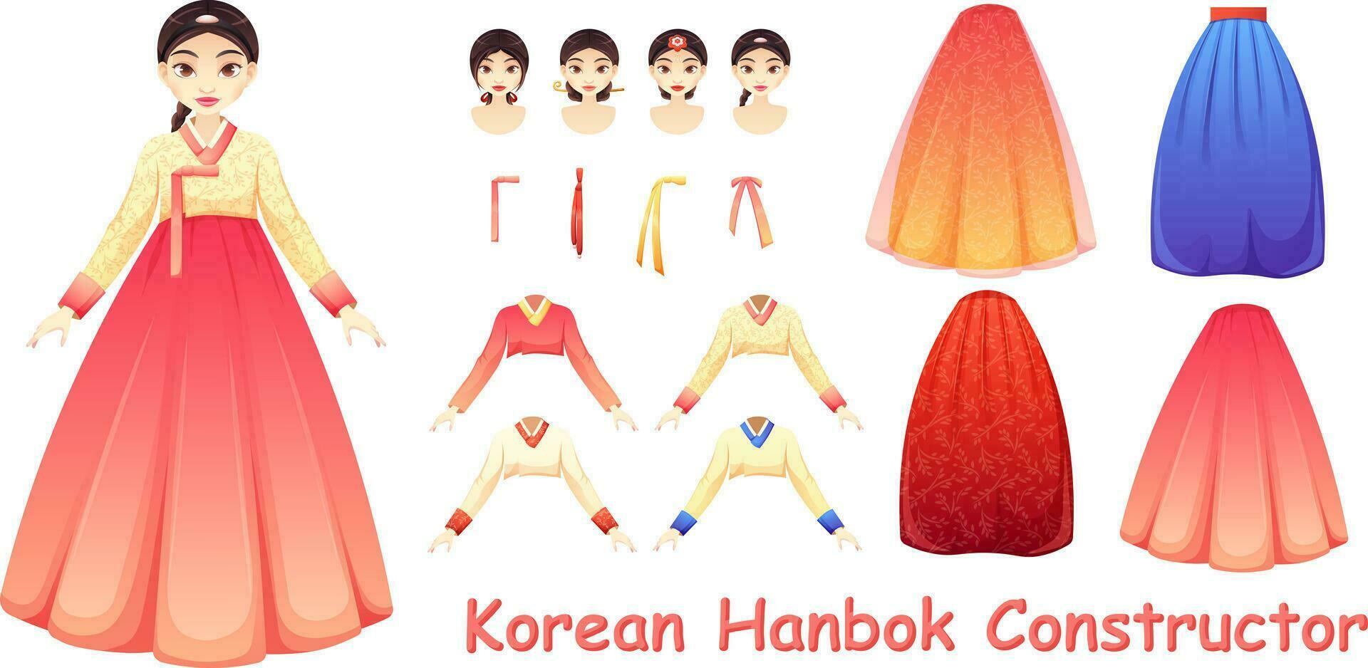 hanbok, traditioneel Koreaans kleding voor Dames. bouwer kleren. rok, jasje, boog, traditioneel Koreaans kapsels vector