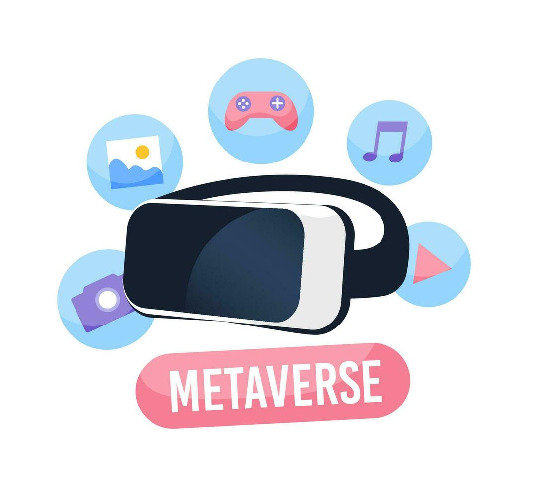 vr bril met metaverse pictogrammen. virtueel realiteit hoofdtelefoon. metaverse digitaal simulatie technologie concept vector