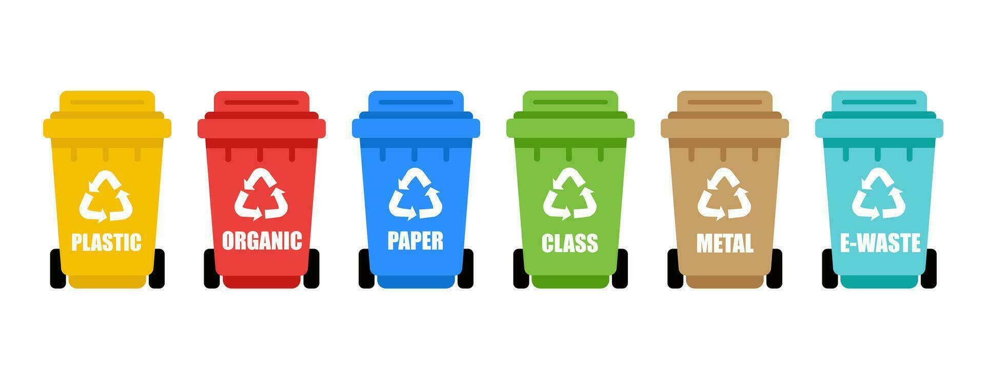 kleurrijk recycle plastic bakken. divers types van afval-organisch, plastic, metaal, papier, glas, elektronisch afval. scheiding van verspilling Aan vuilnis blikjes voor recycling vector
