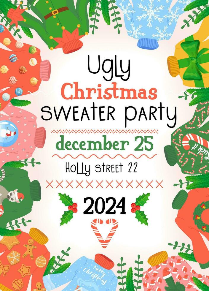 lelijk trui partij uitnodiging. Kerstmis winter truien met verschillend belachelijk ontwerp, diy uitstraling. vector