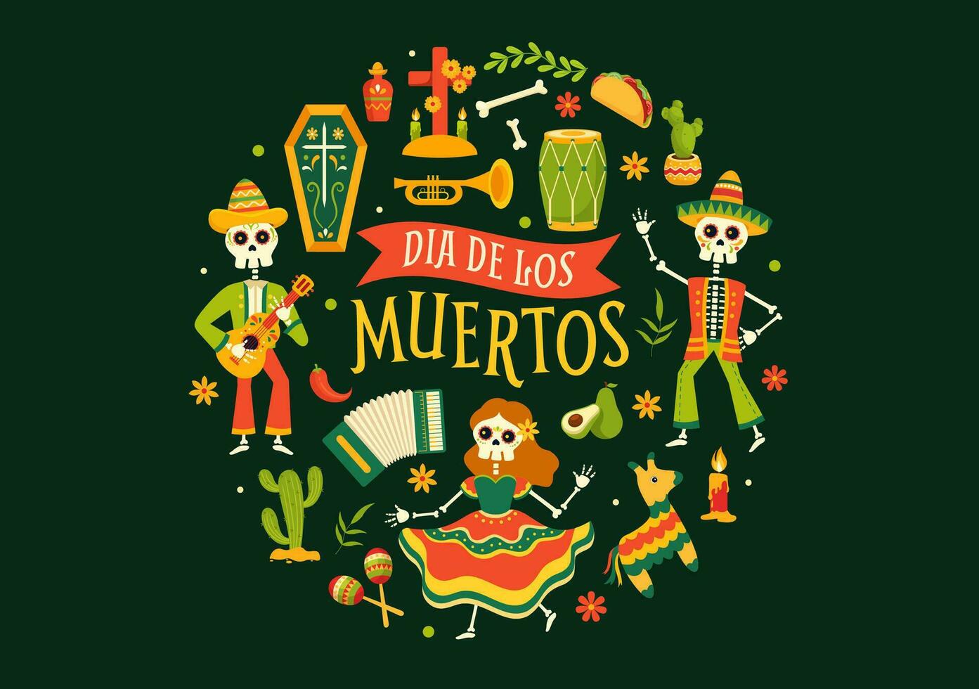 dia de los Muertos vector illustratie met dag van de dood, Speel muziek, skelet in Mexicaans kostuums en sombrero in vlak tekenfilm achtergrond