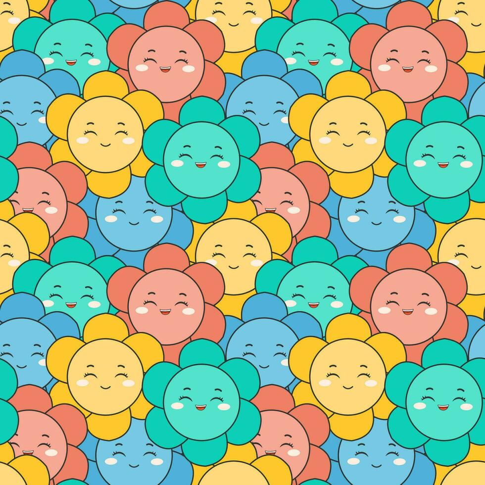 glimlach naadloos patroon ontwerp illustratie met glimlachen karakter en geluk gezicht in sjabloon hand- getrokken tekenfilm vlak ontwerp vector