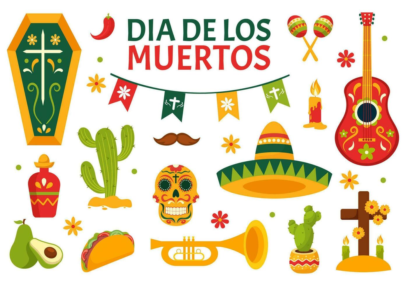 dia de los Muertos vector illustratie met dag van de dood, Speel muziek, skelet in Mexicaans kostuums en sombrero in vlak tekenfilm achtergrond