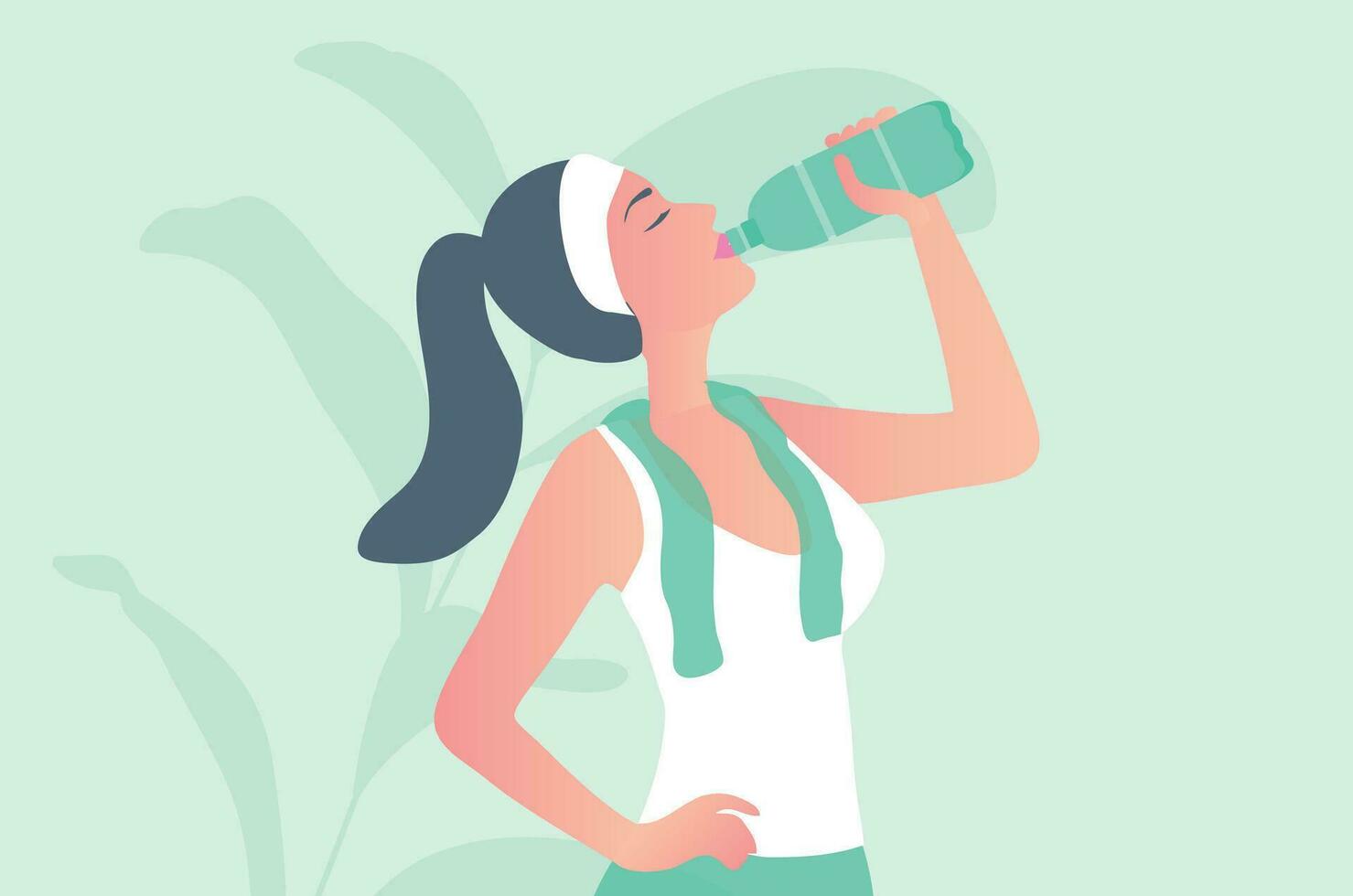 vrouw drinken water fles vector illustratie. gezond levensstijl concept