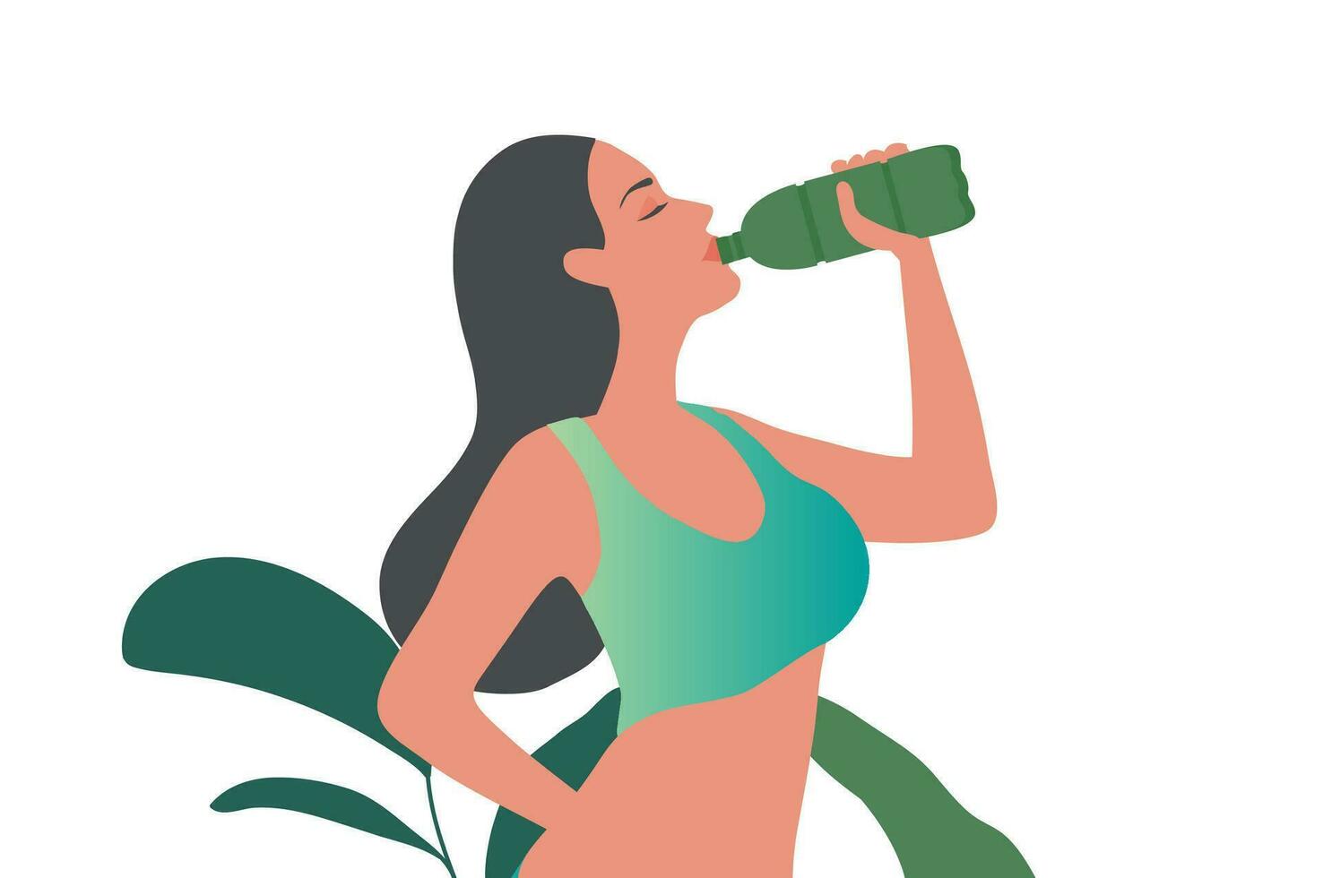 vrouw drinken water fles vector illustratie. gezond levensstijl concept