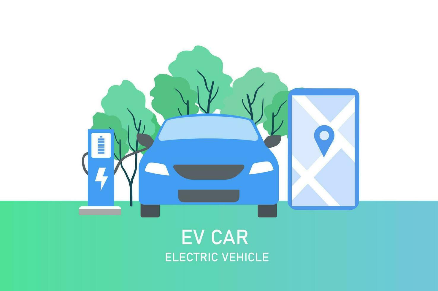 elektrische auto, ev-auto, auto-oplaadbatterij bij elektrisch laadstation met zonnepaneel en windturbines. duurzame groene energie voor ecologische omgeving. futuristische transporttechnologie. vector