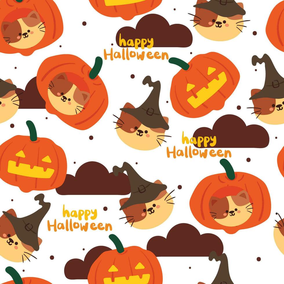 halloween naadloos patroon met tekenfilm pompoen, kat, en halloween element. schattig halloween behang voor vakantie thema, geschenk inpakken papier vector