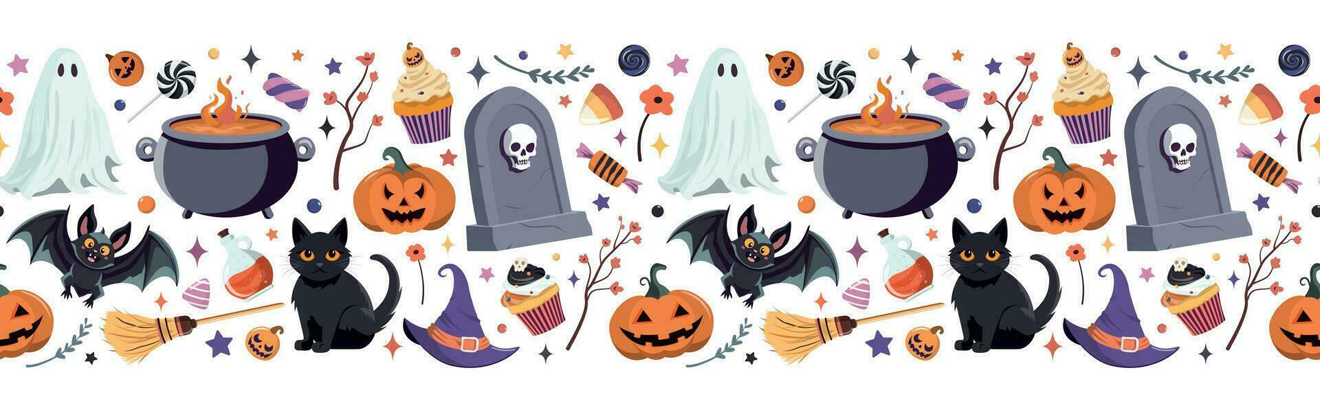 halloween naadloos grens.hand getrokken feestelijk halloween illustratie. geïsoleerd Aan wit achtergrond. achtergrond voor herfst vakantie decoratief ontwerp. vector