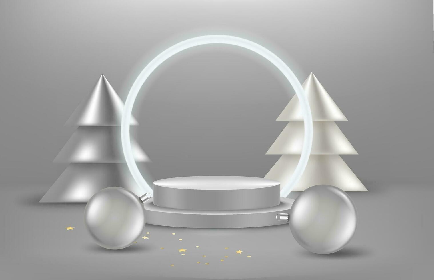 Kerstmis groet kaart met kopiëren ruimte, zilver kerstballen, dennen en podium. 3d vector illustratie