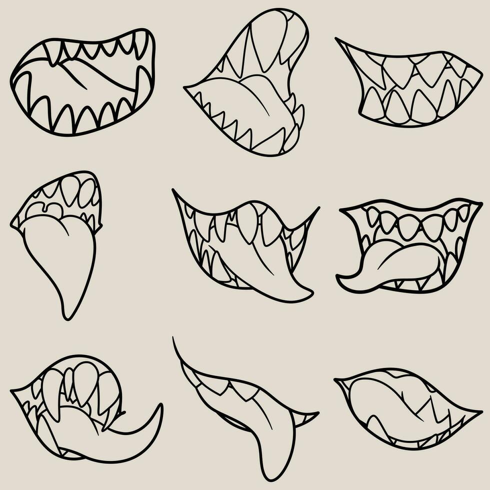 vrij vector illustratie verzameling van lijn kunst monster mond poses vechten met lang tong