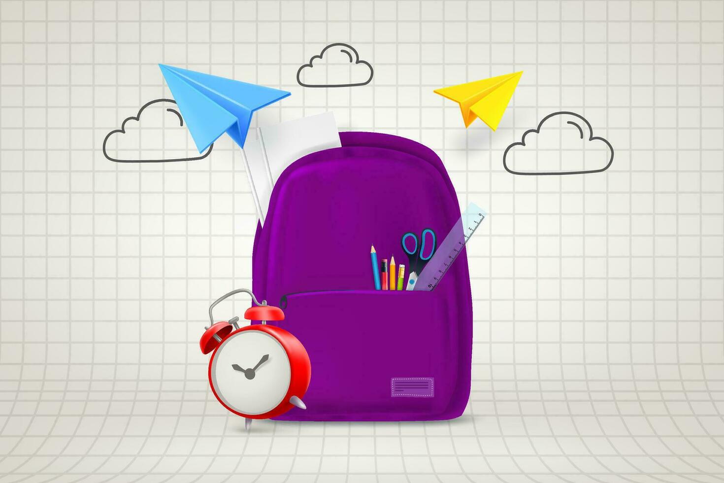 terug naar school- concept met papier vliegtuigen, school- zak en tekening elementen. 3d vector illustratie