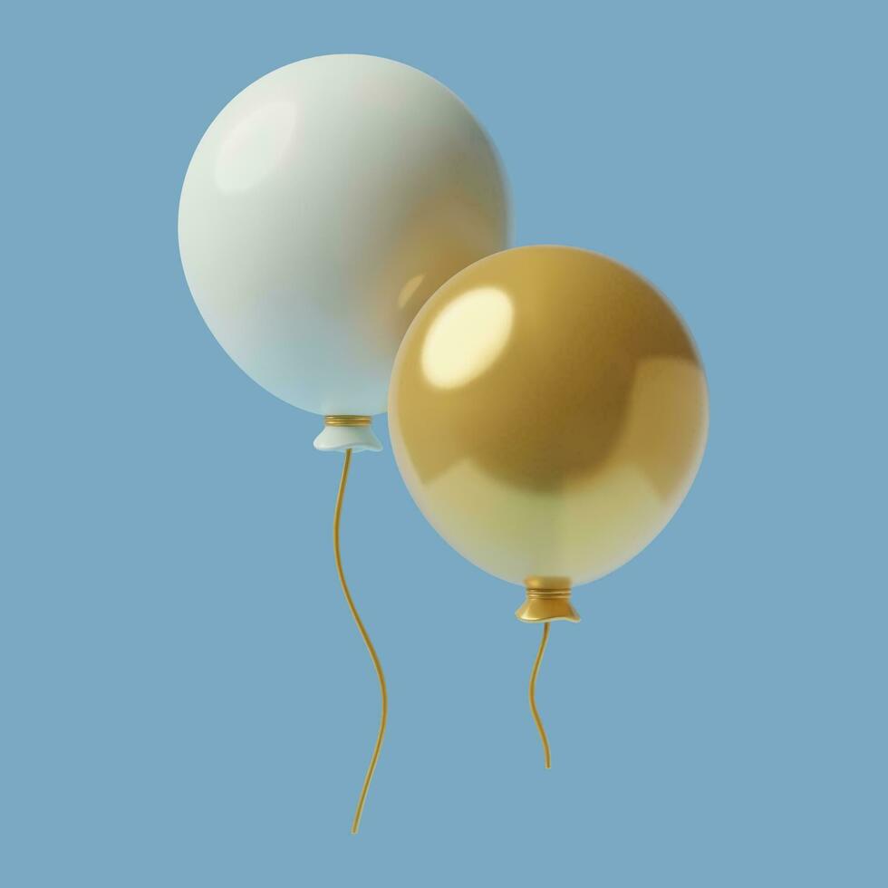 3d helium lucht ballonnen partij icoon. wit en goud feestelijk vakantie decoratie ontwerp element in modern plastic tekenfilm stijl Aan blauw lucht achtergrond. geïsoleerd vector voorwerp.
