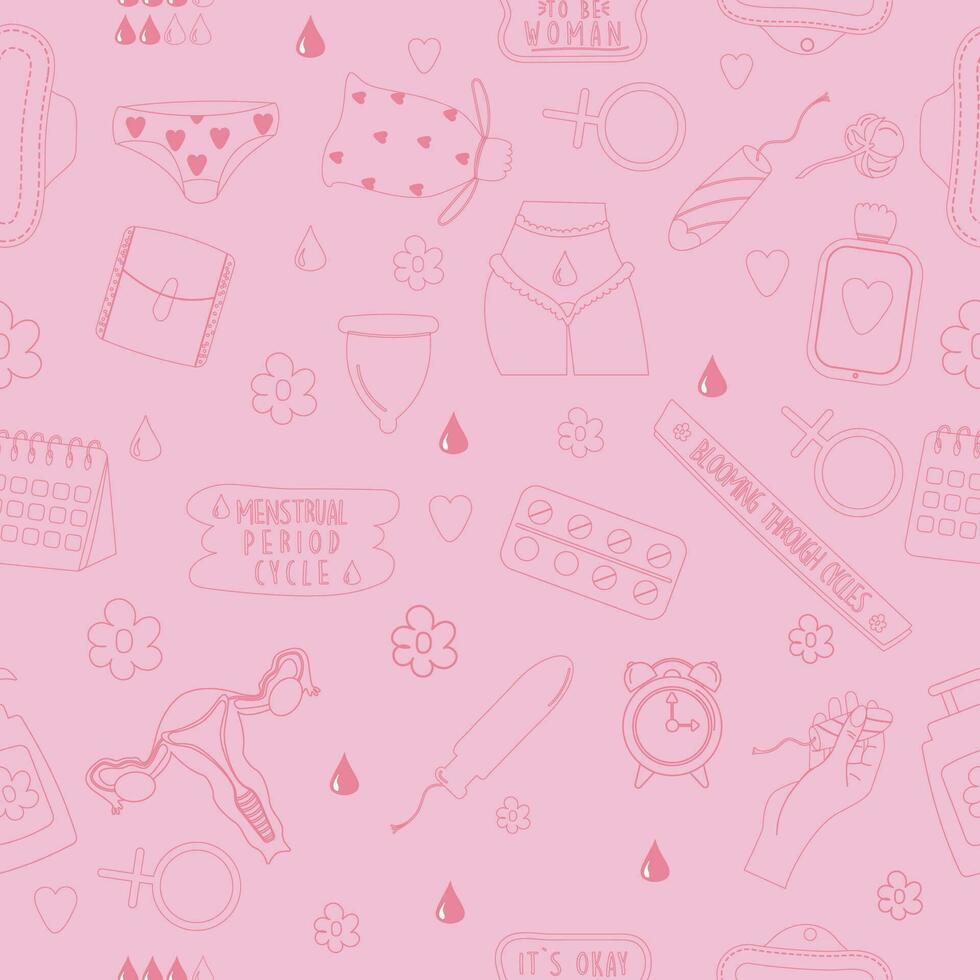 naadloos patroon roze schets menstruatie periode vrouw vector