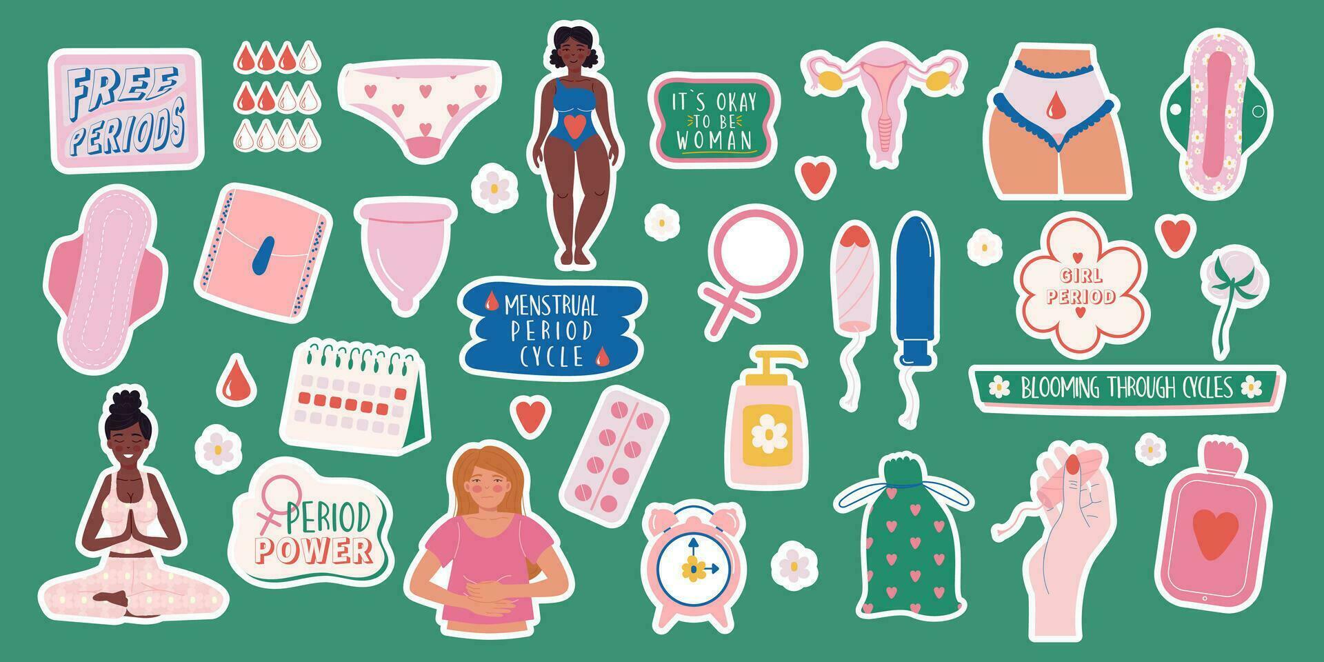 stickers vrouwelijk hygiëne producten verzameling hand- getrokken stijl en belettering. menstruatie periode vrouw. vrouw tekens en kalender vector