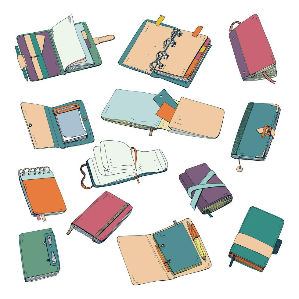 notitieboekje, kladblok, planner, organisator, schetsboek hand- getrokken set. verzameling van kleurrijk illustraties. vector