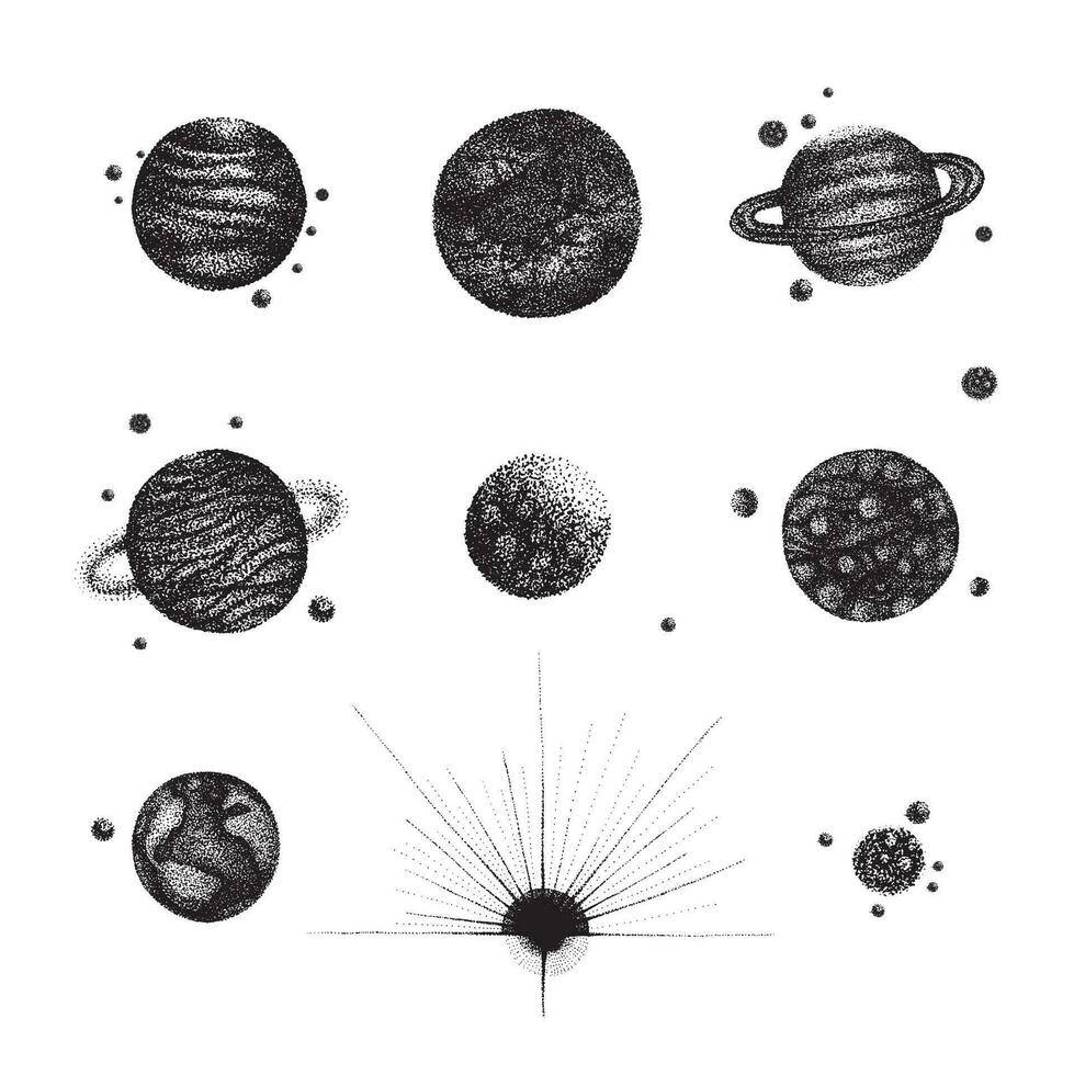 reeks van divers geïsoleerd zonne- systeem planeten in wijnoogst dotwork stijl. hand- getrokken illustratie Aan wit achtergrond. vector