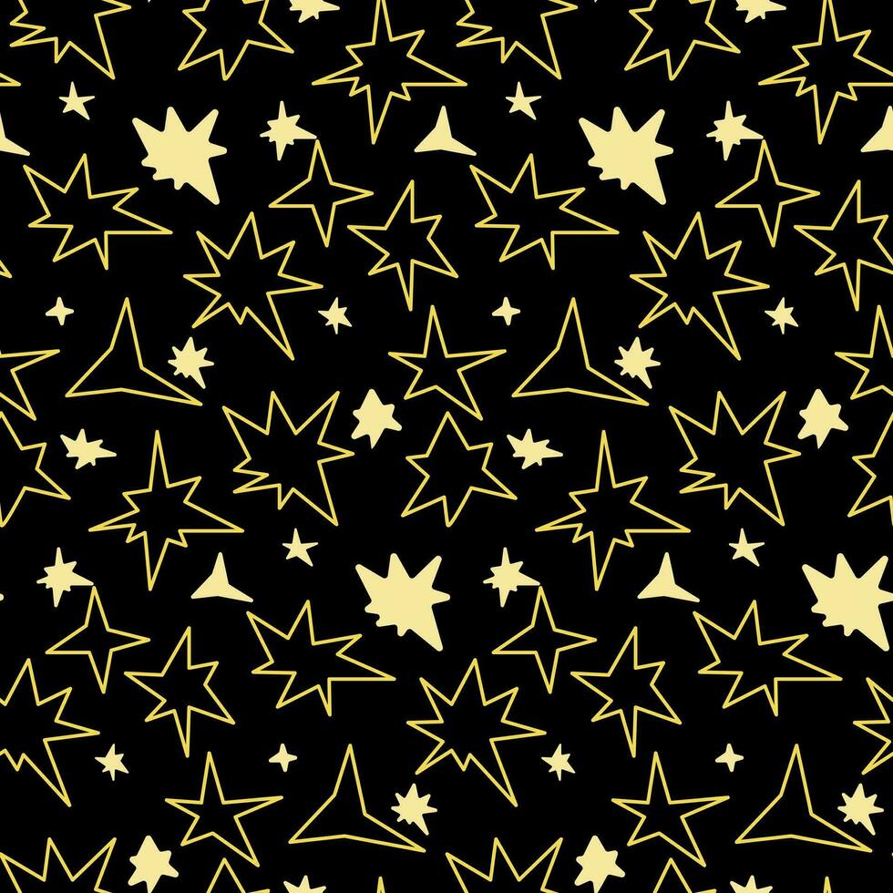 naadloos patroon in de het formulier van divers vormen van geel sterren. helder vonken en flash contouren Leuk vinden vuurwerk Aan een zwart achtergrond, gloed. flikkeren schittering, gloeiend, licht effect, helder flash vector