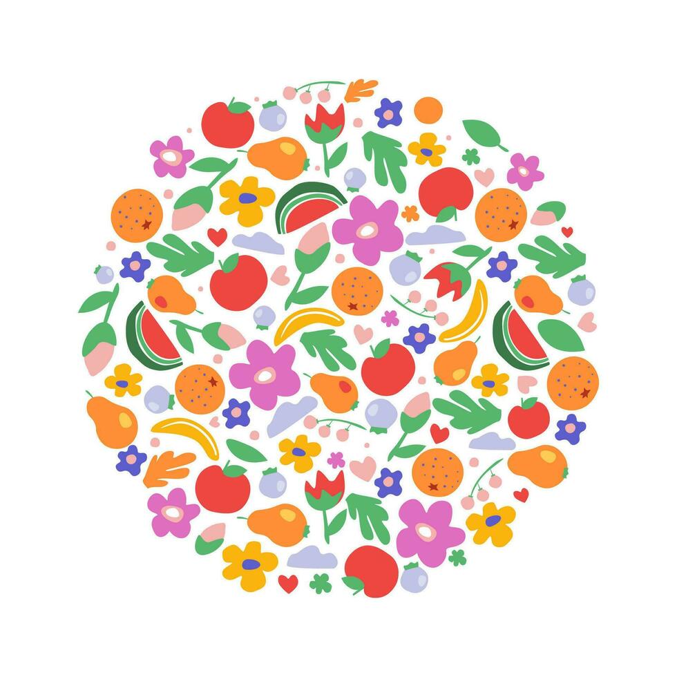 verschillend helder zomer fruit, bessen, bloemen, planten, ingrediënten ingesloten in een cirkel. afdrukken voor kleren, t-shirts, kaarten, cochon stoffen. vector grafiek.