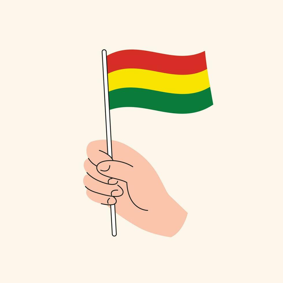 tekenfilm hand- Holding Boliviaanse vlag, geïsoleerd vector tekening.