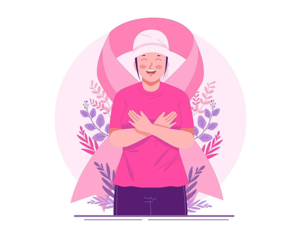 borst kanker bewustzijn maand. een gelukkig vrouw borst kanker overlevende met een roze lint net zo een bezorgdheid en ondersteuning voor Dames met borst kanker vector