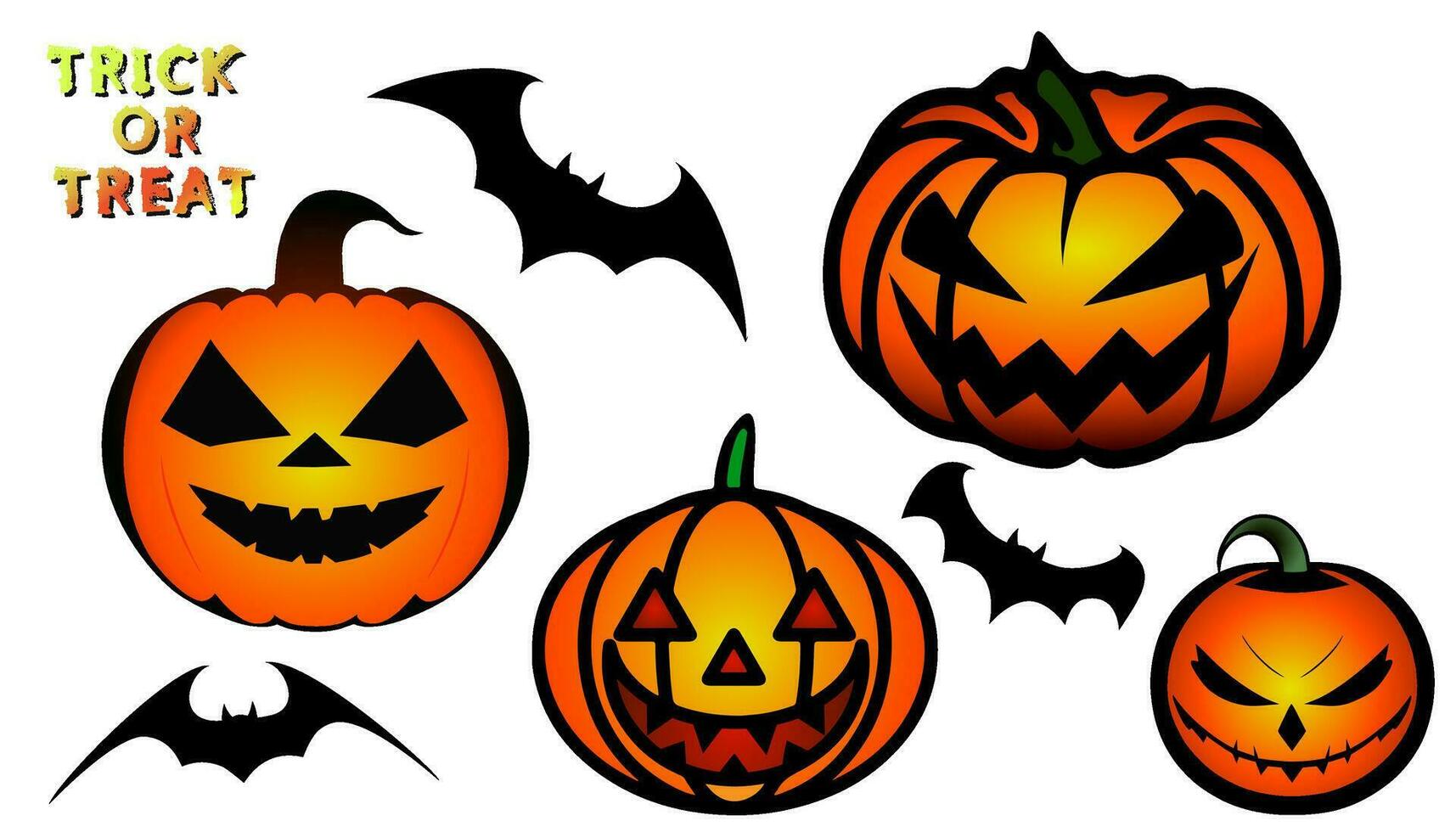 vector halloween set, pompoen lachend eng gezicht en vliegend zwart vleermuizen