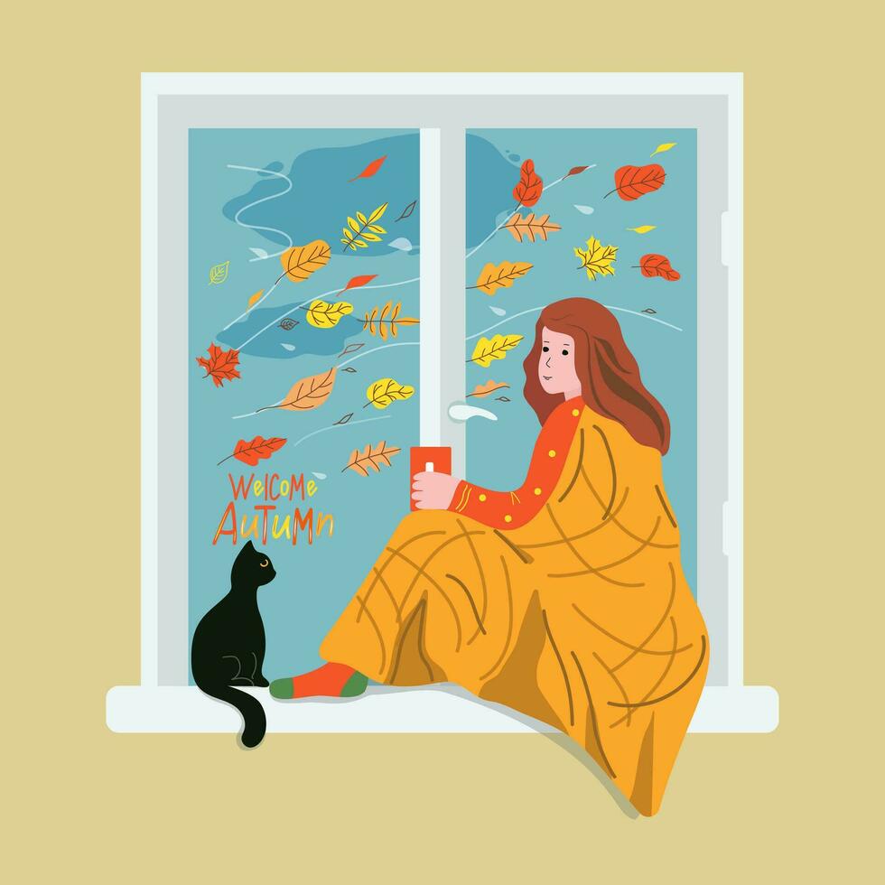 meisje, jong vrouw looks uit de venster Bij herfst bladeren, wind, regen. visie van de venster naar de vallend bladeren. mok van thee, koffie, heet drankje. warm deken, verkoudheid seizoen, huis comfort. een huisdier kat. vector