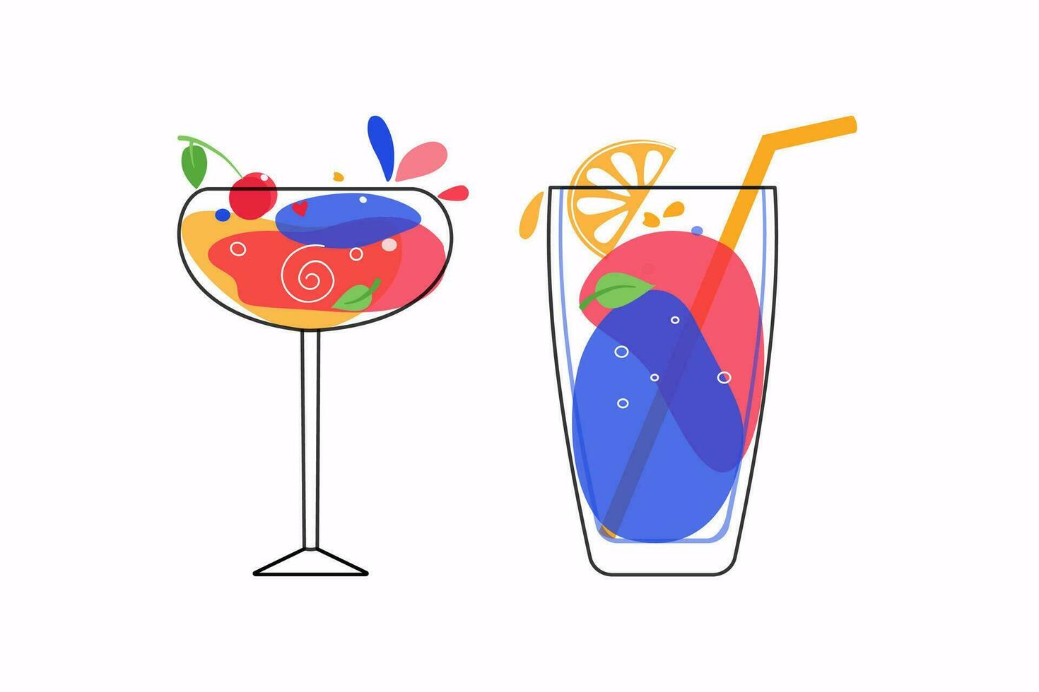 reeks van heerlijk zomer cocktails en fruit. verschillend gekleurde drankjes in wijn bril. gemengd verkoudheid drankjes. vers exotisch tropisch strand bar. alcohol, limonade vector icoon Aan wit achtergrond.