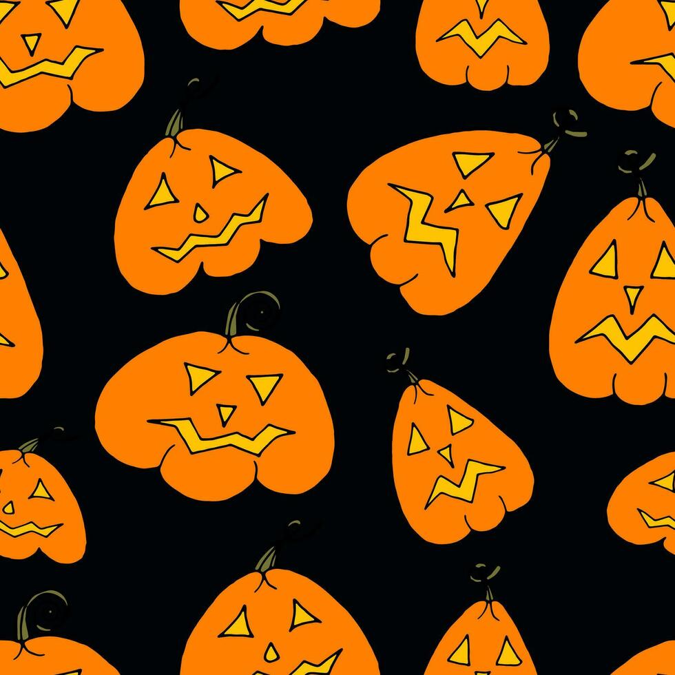 naadloos patroon tekening tekenfilm pompoen lantaarns met gloeiend ogen en monden voor halloween Aan zwart achtergrond. vector illustratie voor voor verpakking, textiel, achtergronden, web ontwerp