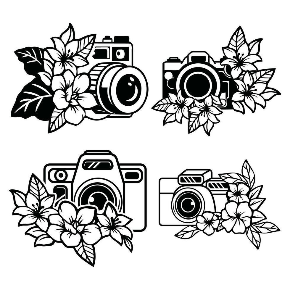 hand getekend bloemen camera besnoeiing bestanden. bloem en camera illustratie voor cricut. vector