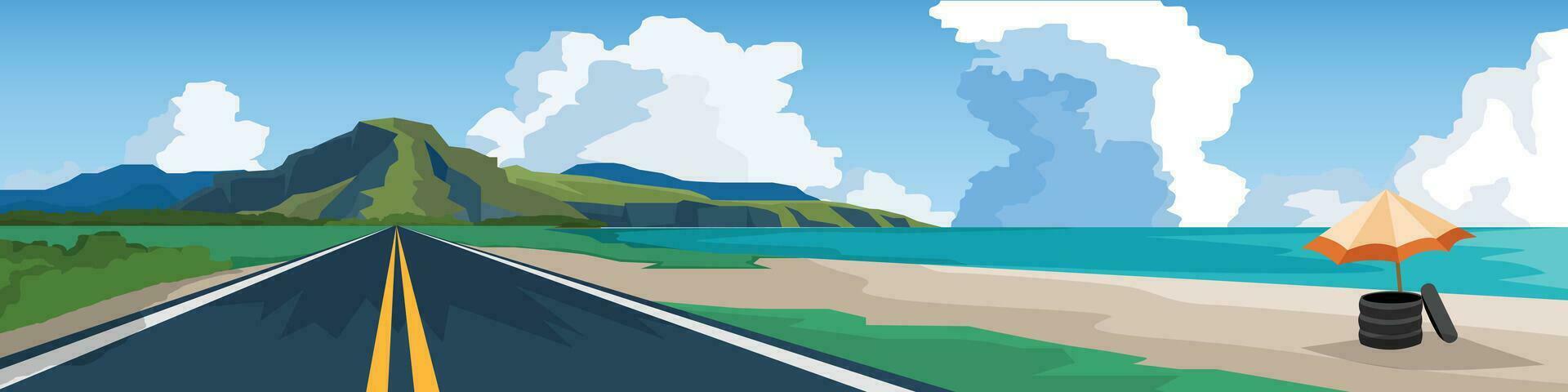 vector of illustrator van landschap vervoer van asfalt weg naar de natuur van berg met zee strand Aan Daarnaast. rubber ringen en parasols Aan de strand. weer en blauw lucht en wit wolken.