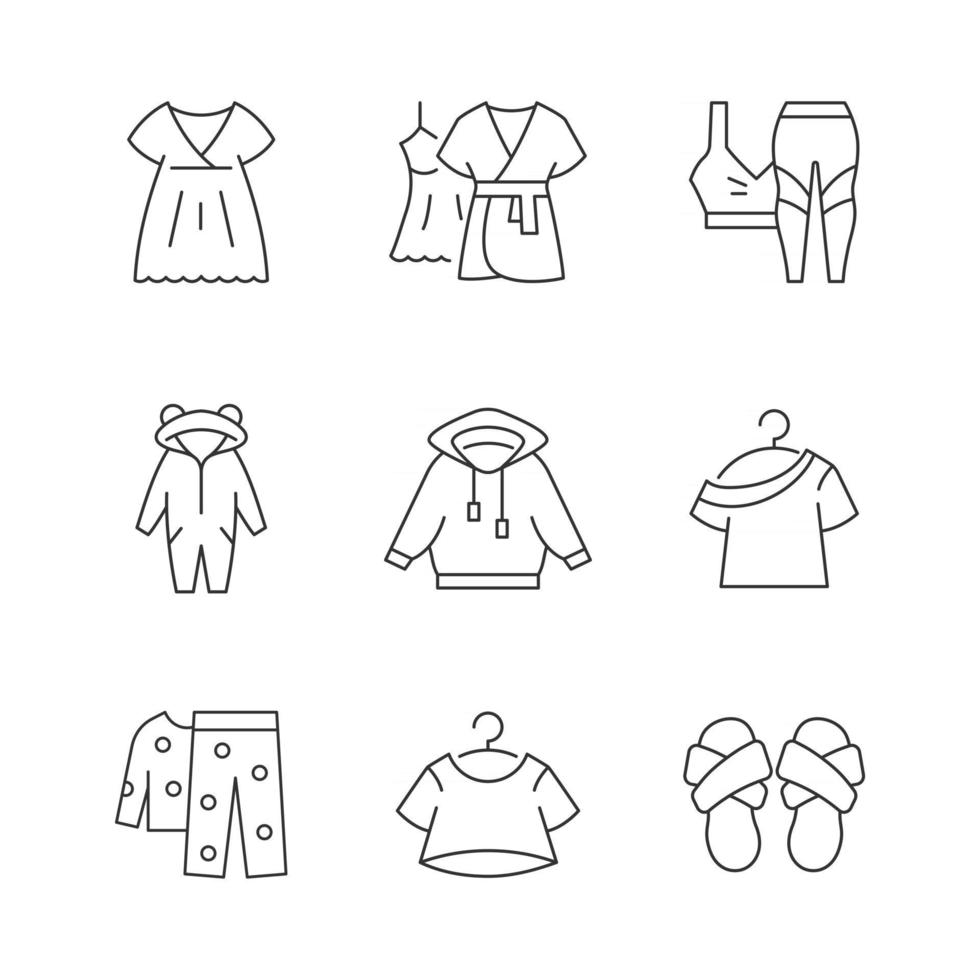 comfortabele nachtkleding lineaire iconen set. nachtjapon en jurk om te loungen. sportkleding voor dames. aanpasbare dunne lijncontoursymbolen. geïsoleerde vectoroverzichtsillustraties. bewerkbare streek vector