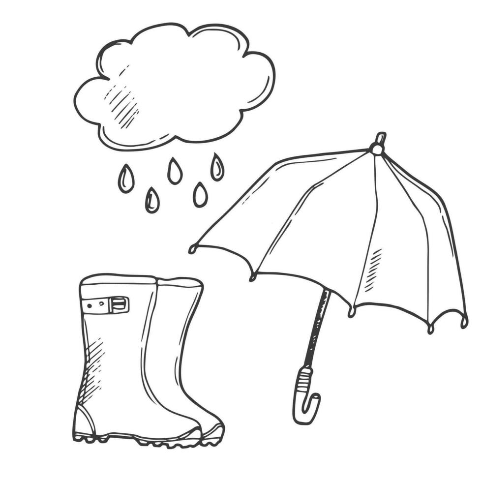 schattig schets illustratie van wolk, rubber laarzen en paraplu. weer concept. regenachtig dag. wolk houdt de paraplu. hand- getrokken tekenfilm kunst in tekening schetsen stijl. kinderen, kinderen stijl baby tekening vector