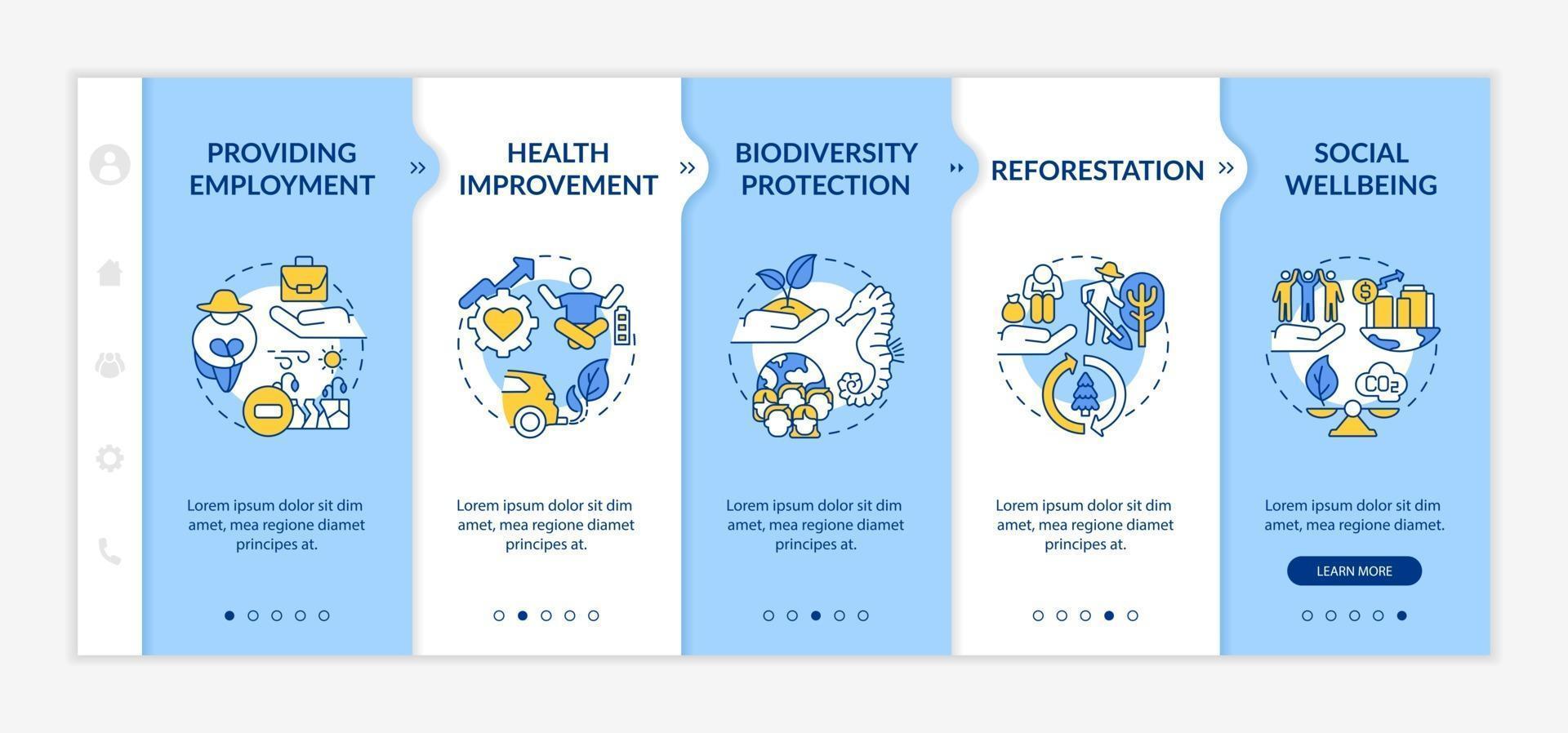 koolstof compenserende voordelen onboarding vector sjabloon. responsieve mobiele website met pictogrammen. webpagina walkthrough 5 stappen schermen. biodiversiteitsbescherming kleurconcept met lineaire illustraties