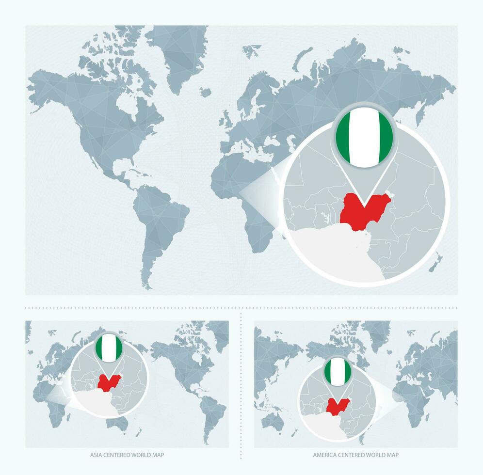 uitvergroot Nigeria over- kaart van de wereld, 3 versies van de wereld kaart met vlag en kaart van nigeria. vector