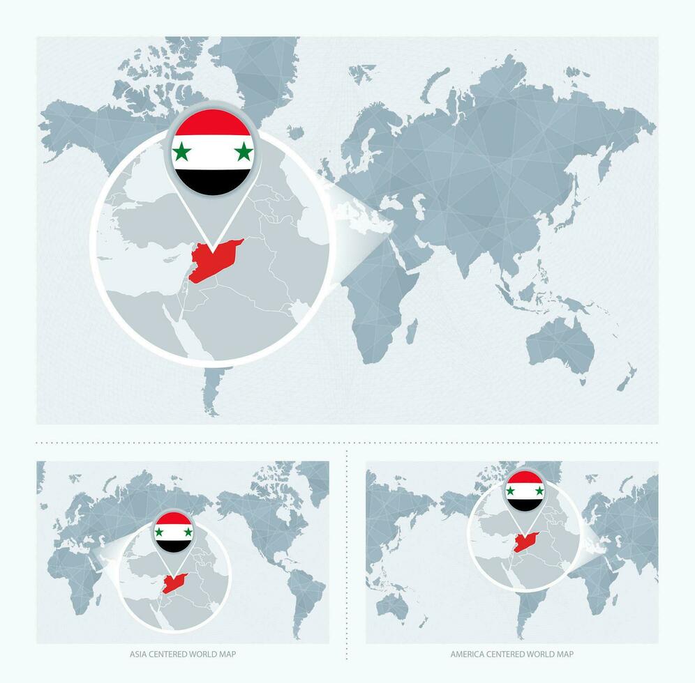 uitvergroot Syrië over- kaart van de wereld, 3 versies van de wereld kaart met vlag en kaart van Syrië. vector